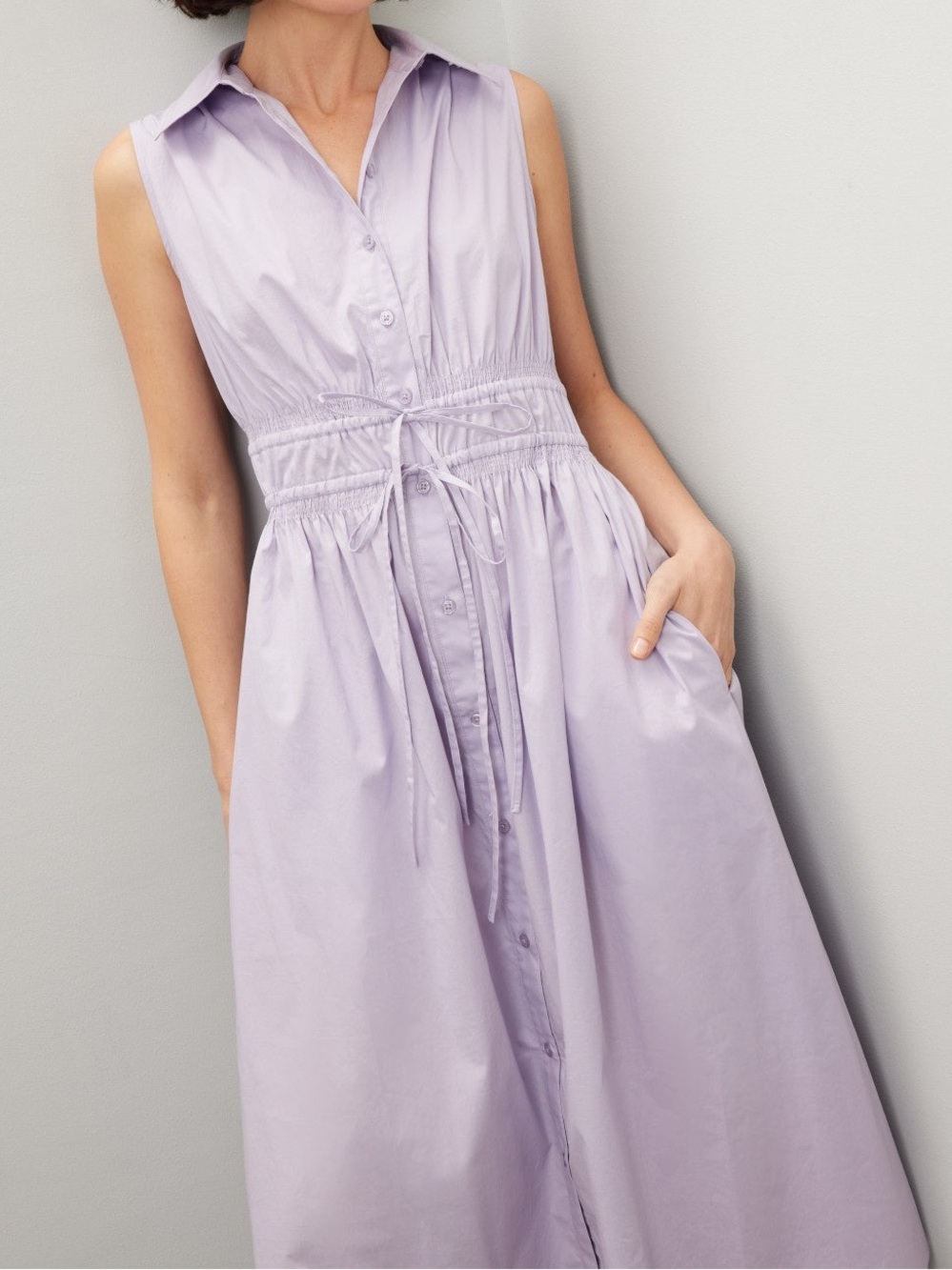 Thakoon Lavender Tie Waist Sleeveless Midi Shirt Dress